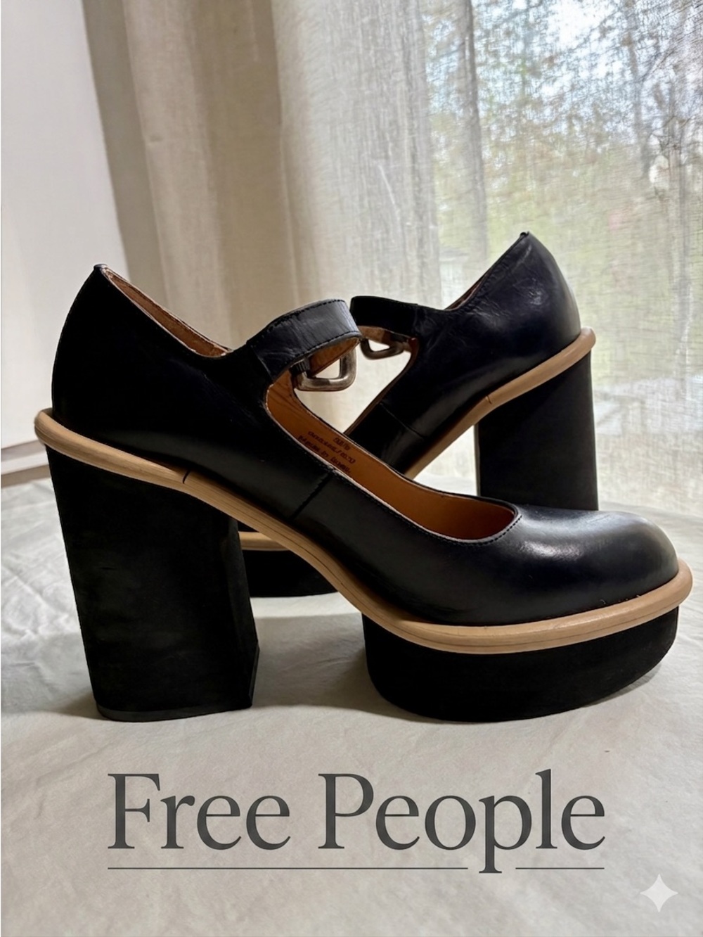 FREE PEOPLE Black Leather Platform Mary Jane Heels - Made in Spain - 38.5